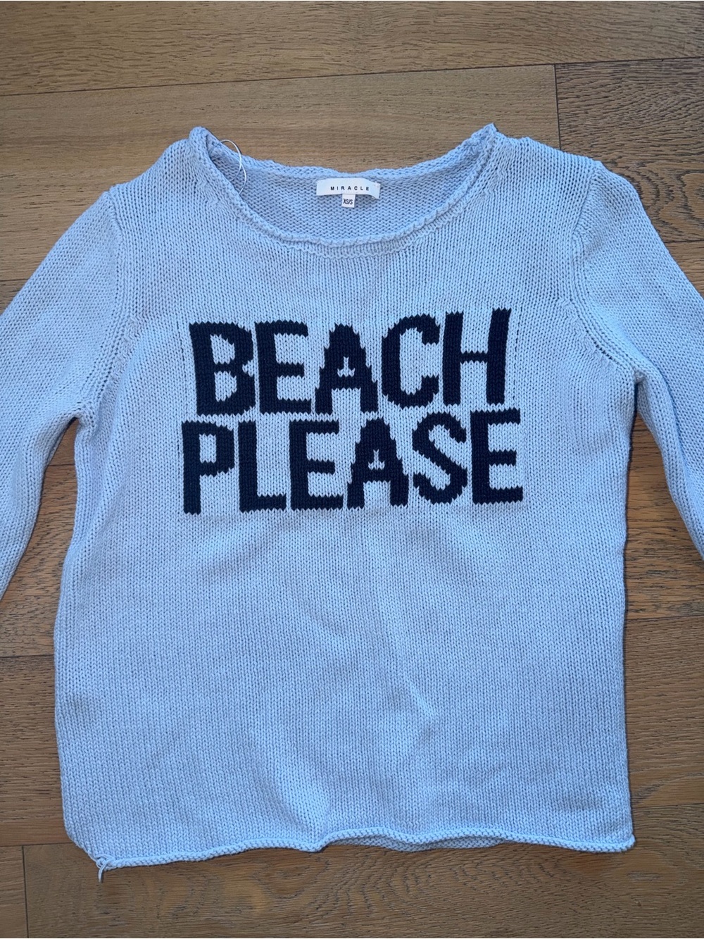 Light Blue Sweater with Navy 'BEACH PLEASE' Text